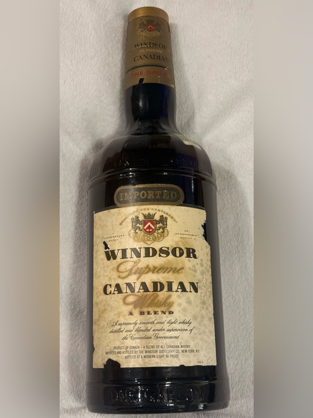 Windsor Whisky Bottle with Green and Cream Tax Seal 18” tall One Gallon empty